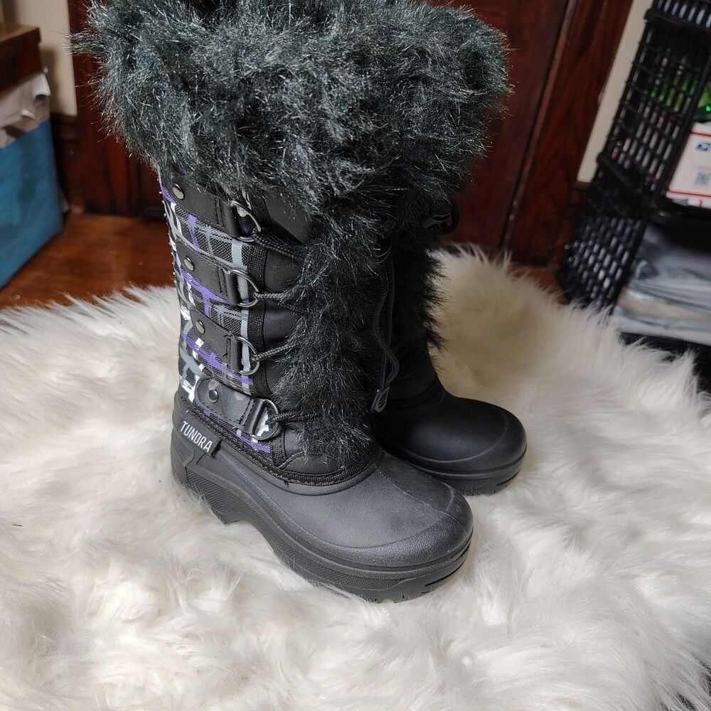 Tundra Girls Purple& Blk Faux Fur Lined Snow Boots Sz 11